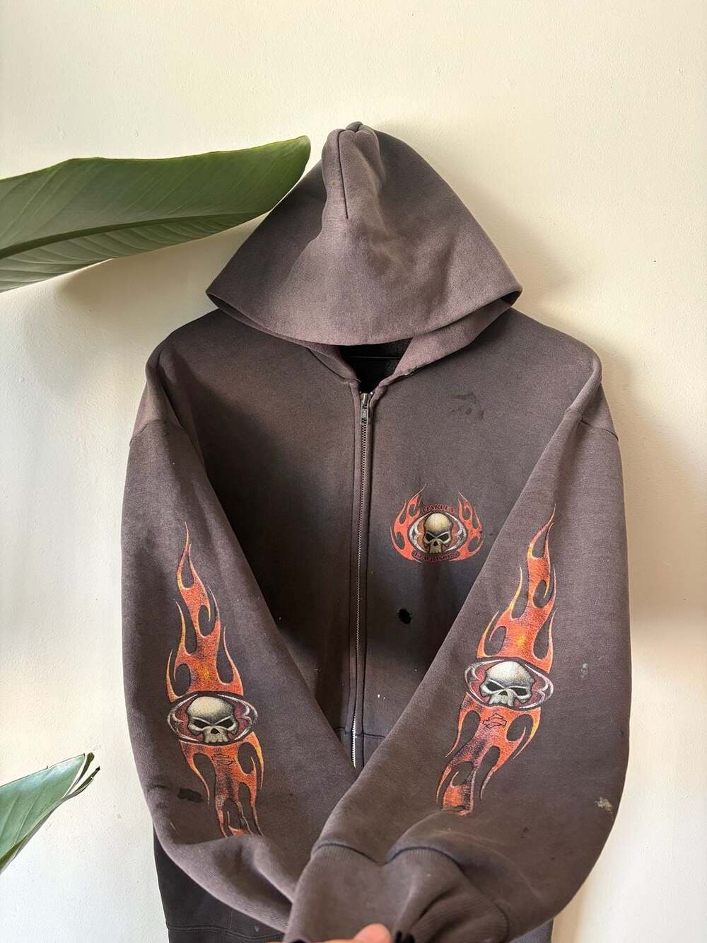 Thrashed and faded Harley Davidson flame sleeve Sacramento California Zip Up Hoo